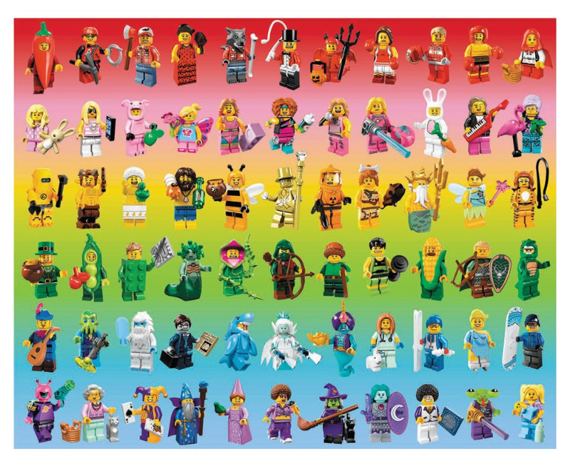 Collection of colorful LEGO minifigures arranged in a grid on a gradient background.