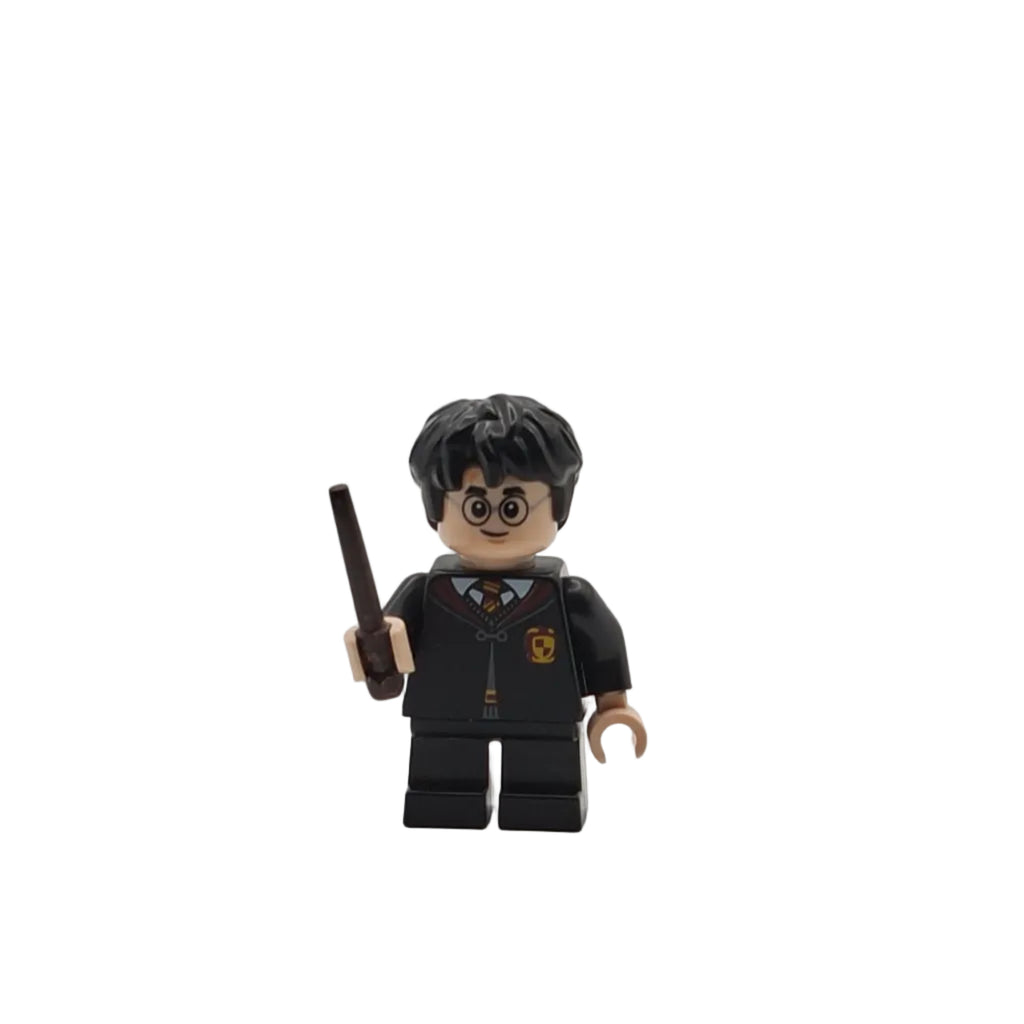 LEGO figure of a character in a black outfit with glasses and a wand on a white background