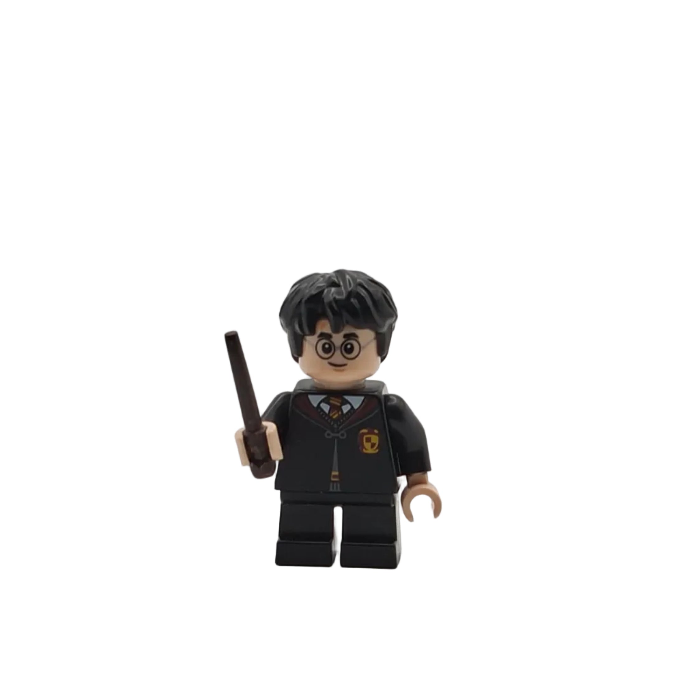 LEGO figure of a character in a black outfit with glasses and a wand on a white background