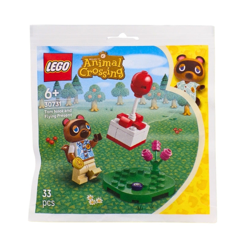 LEGO Animal Crossing set packaging with character and items on a scenic background