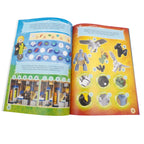 Open book with colorful illustrations and text on a white background