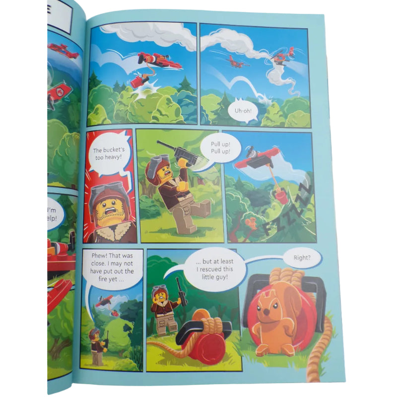 Comic book page with colorful illustrations of a lion and other characters on a blue background