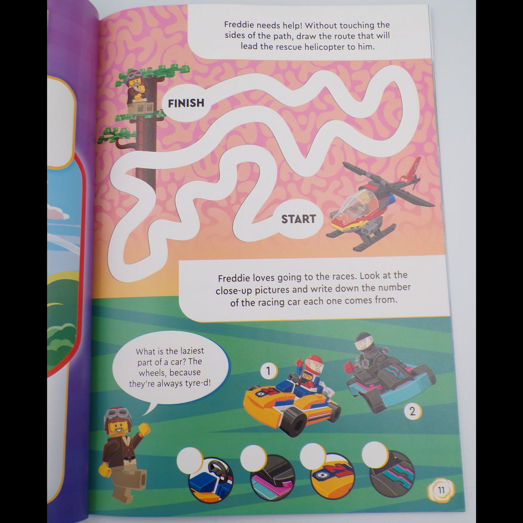 Colorful children's maze book with illustrations and text on a white background