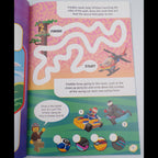 Colorful children's maze book with illustrations and text on a white background