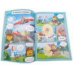Open book with colorful illustrations and text, featuring a character in a superhero costume.