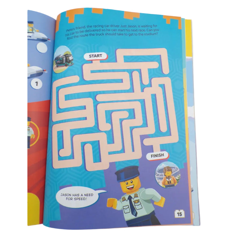 Colorful maze book with LEGO-themed illustrations on a light blue background