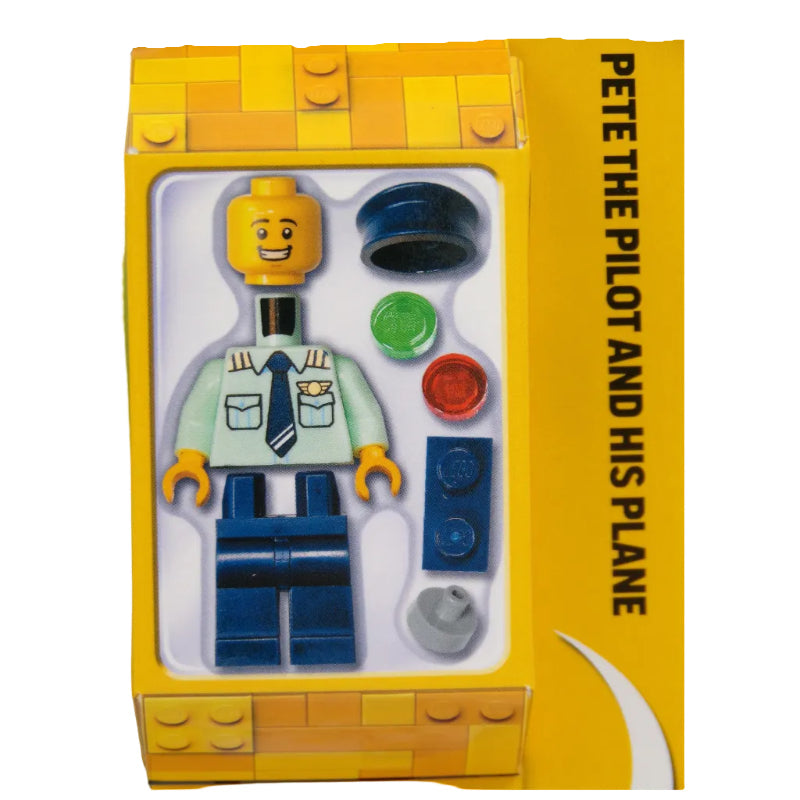 Toy set packaging for 'Pete the Pilot and His Plane' with building blocks and character figure on a yellow background.