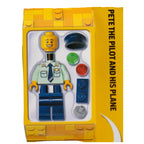 Toy set packaging for 'Pete the Pilot and His Plane' with building blocks and character figure on a yellow background.