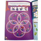Children's activity book with a superhero-themed puzzle on a purple page.