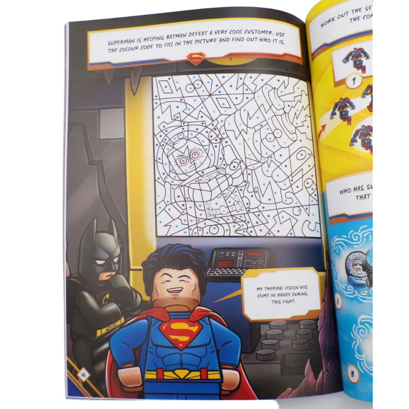 Superhero-themed coloring book with Superman and Batman illustrations.