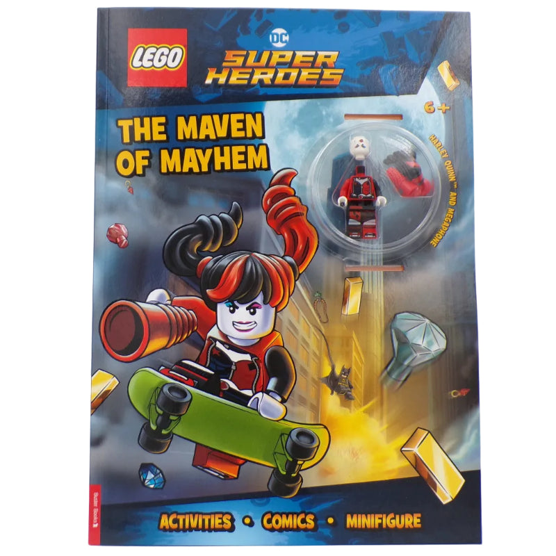 LEGO Super Heroes book titled 'The Maven of Mayhem' with a minifigure on a white background