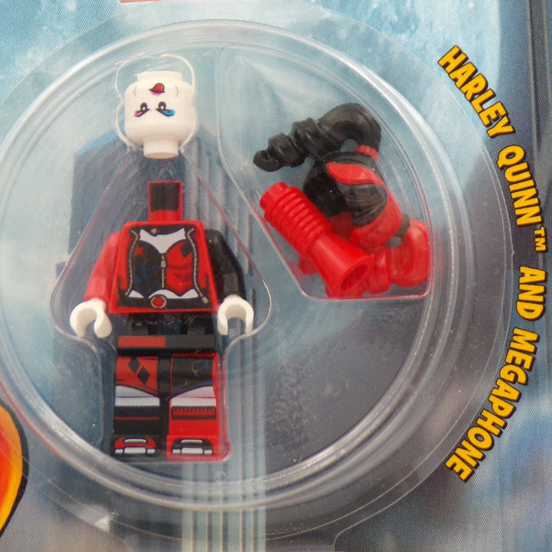 Toy figure packaging with 'Harley Quinn' and 'Megaphone' on a blue background