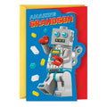 Greeting card with robot illustration and 'Amazing Grandson' text on a blue background