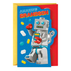 Greeting card with robot illustration and 'Amazing Grandson' text on a blue background