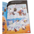 Children's puzzle book with partially completed puzzles on a white background