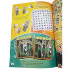 Open book with educational content, including a word search and card game layout.