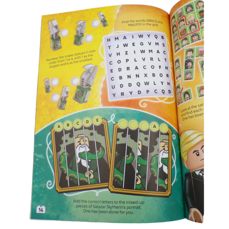 Open book with educational content, including a word search and card game layout.