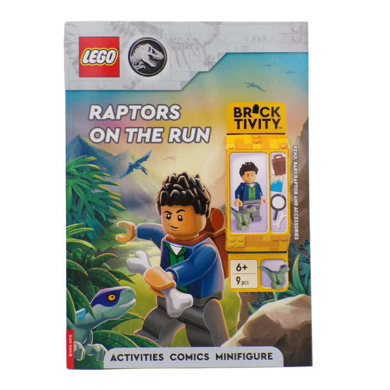 LEGO activity book titled 'Raptors on the Run' on a white background