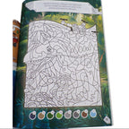Coloring book with a pre-colored picture of a dragon on a white background