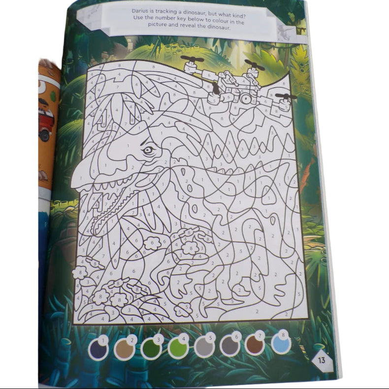 Coloring book with a pre-colored picture of a dragon on a white background