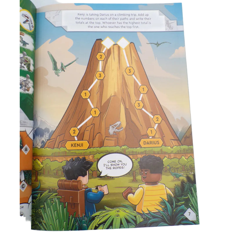 Children's book open to a page with illustrations and text, featuring a character and a volcano.