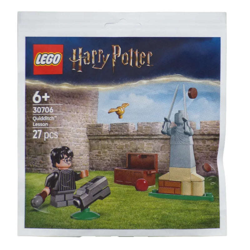 LEGO Harry Potter packaging with characters and castle model on a gray background