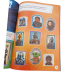 Children's book open to a page with character illustrations on an orange background