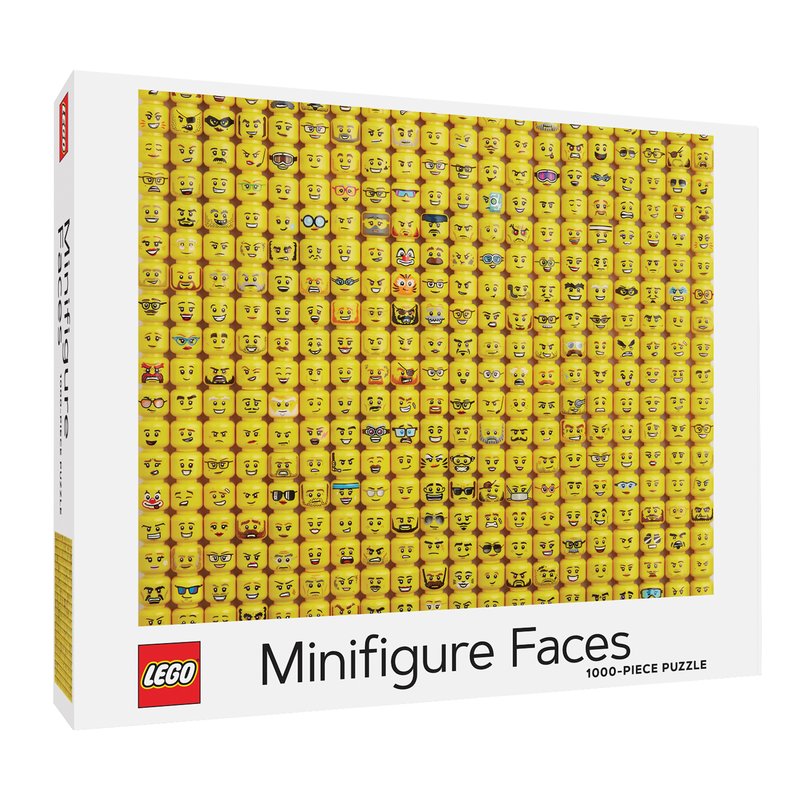 LEGO Minifigure Faces puzzle packaging with various yellow faces on a white background