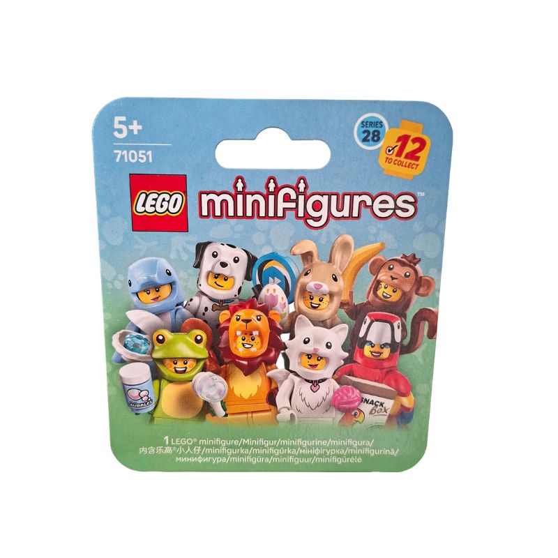 LEGO minifigures packaging with various animal-themed figures on a white background