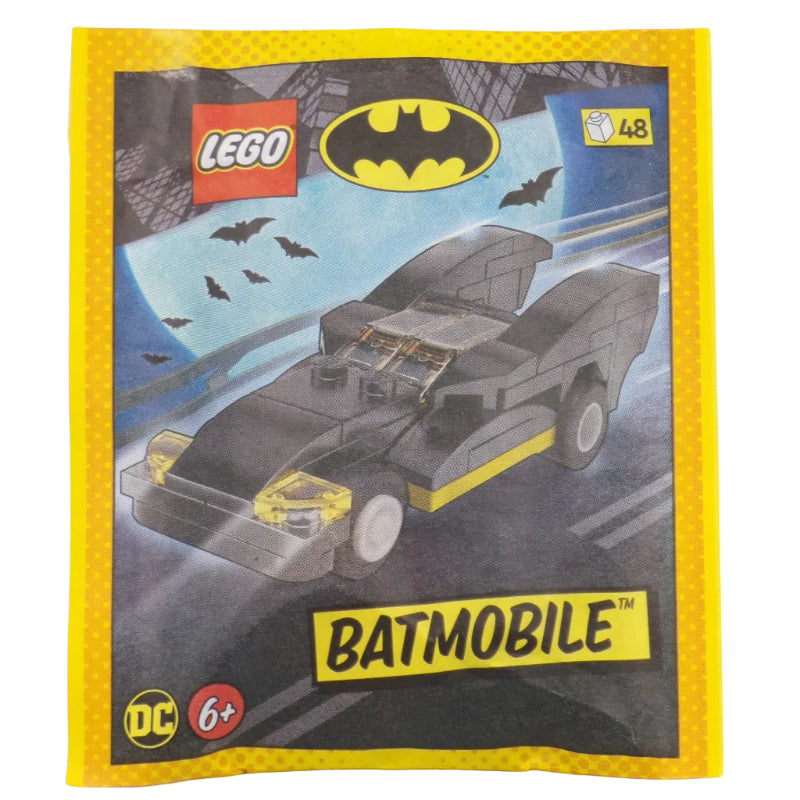 LEGO Batmobile packaging with Batman logo on a gray background