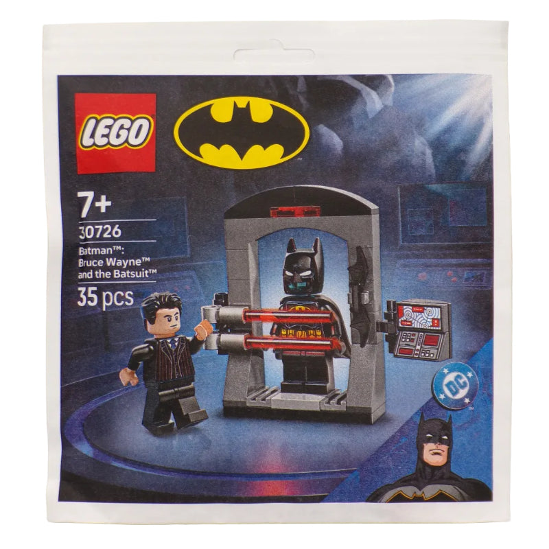LEGO Batman set packaging with Batmobile and Batman figure on a gray background