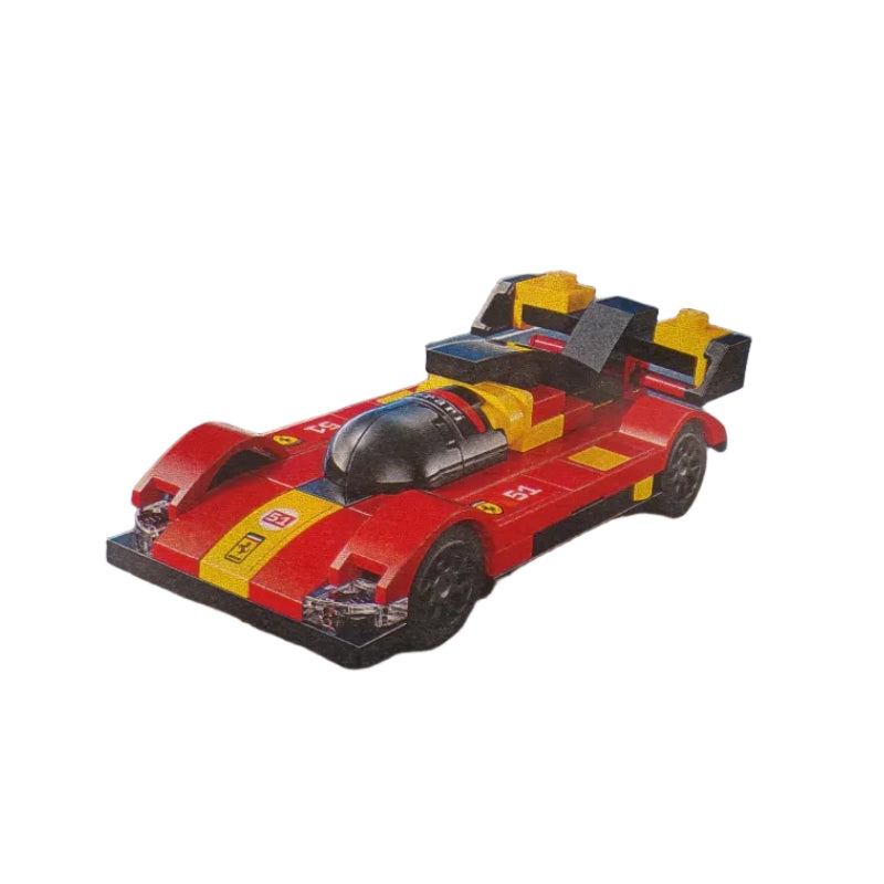 LEGO Speed Champions Ferrari toy car packaging on a gray background