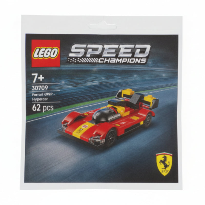 LEGO Speed Champions Ferrari toy car packaging on a gray background