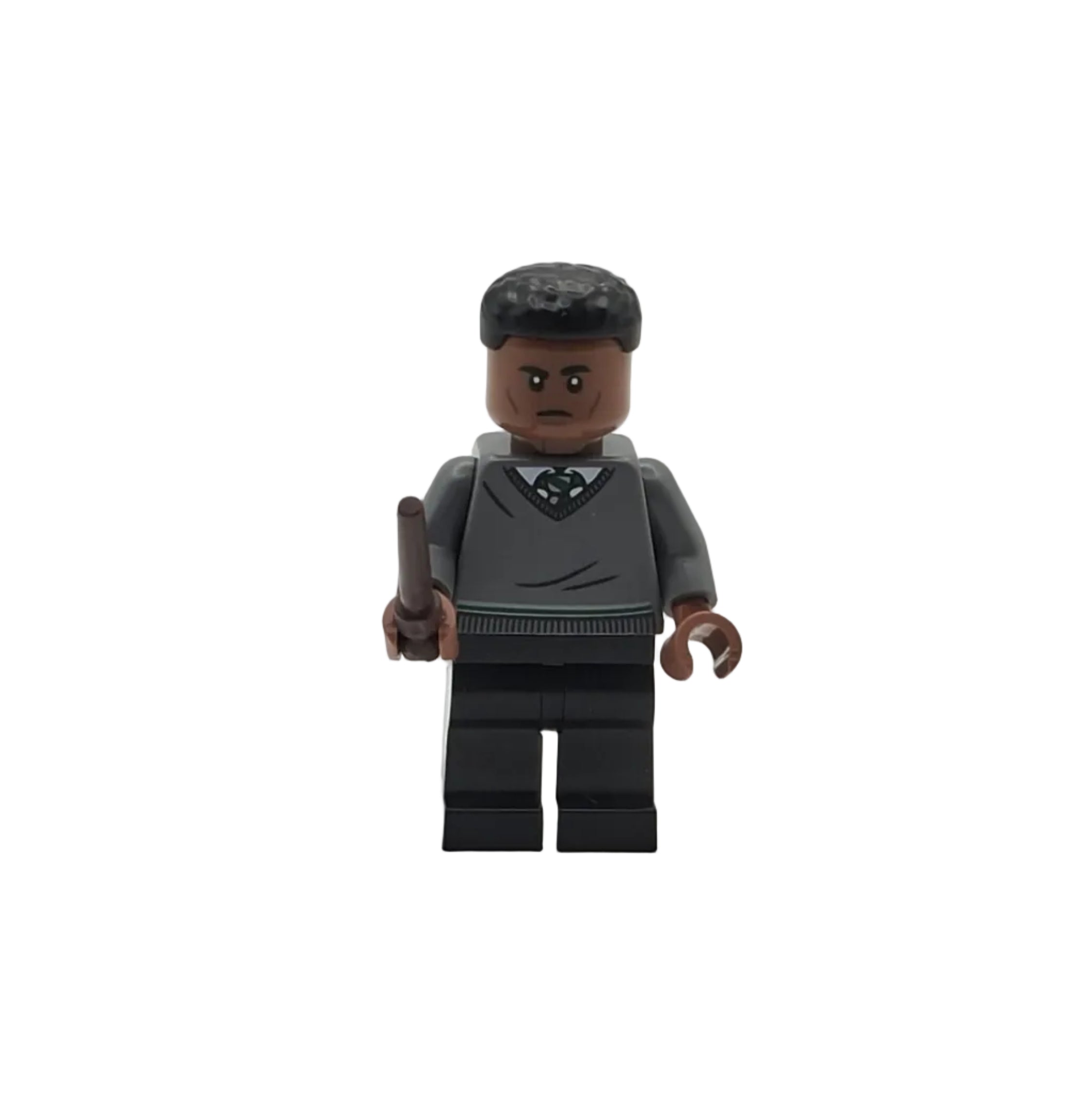LEGO figure of a person wearing a gray sweater with a symbol on a white background