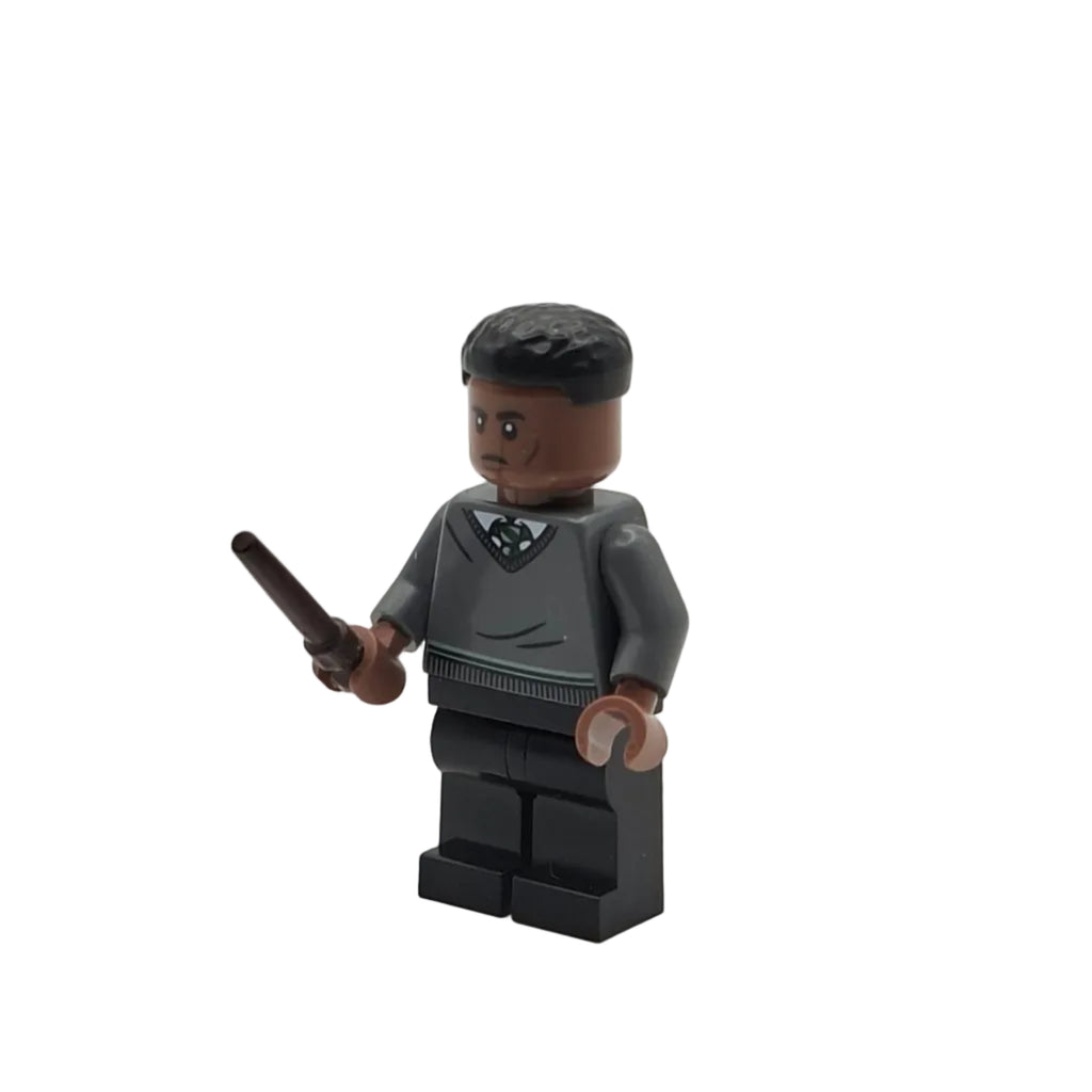 LEGO figure of a character holding a wand on a white background