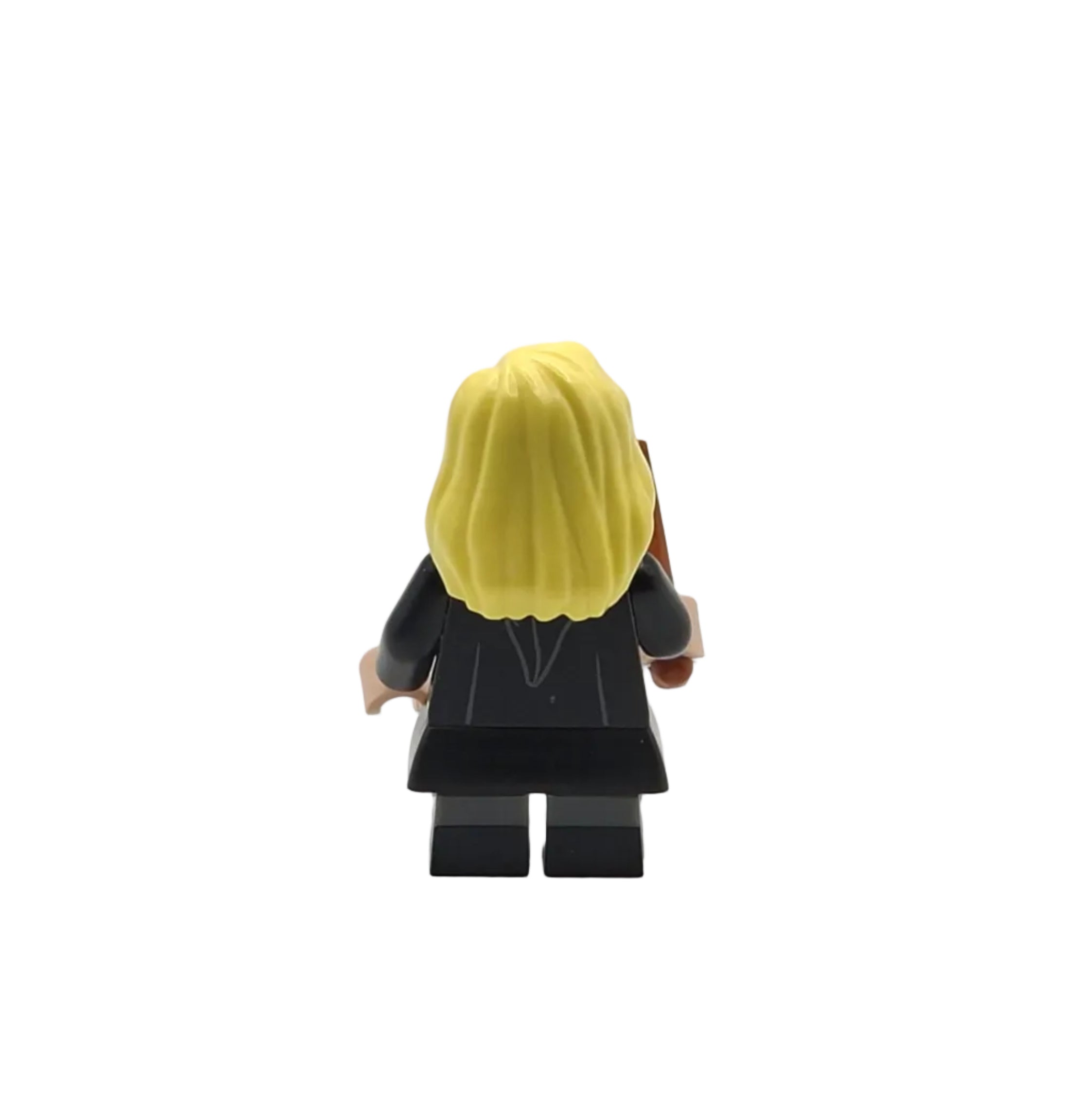 Toy figure with blonde hair and a black outfit on a white background