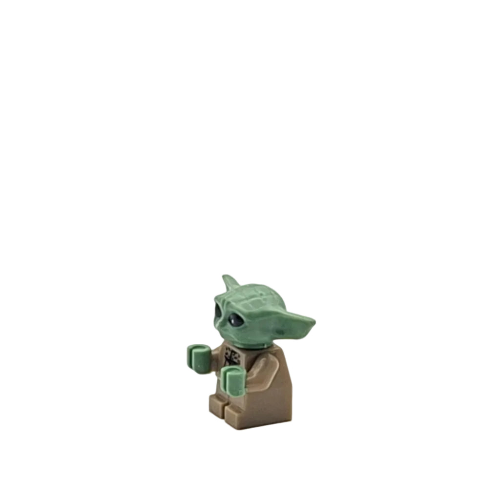 Green alien figure with large ears on a white background