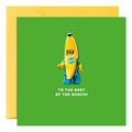 Greeting card with a banana-shaped figure and text on a green background
