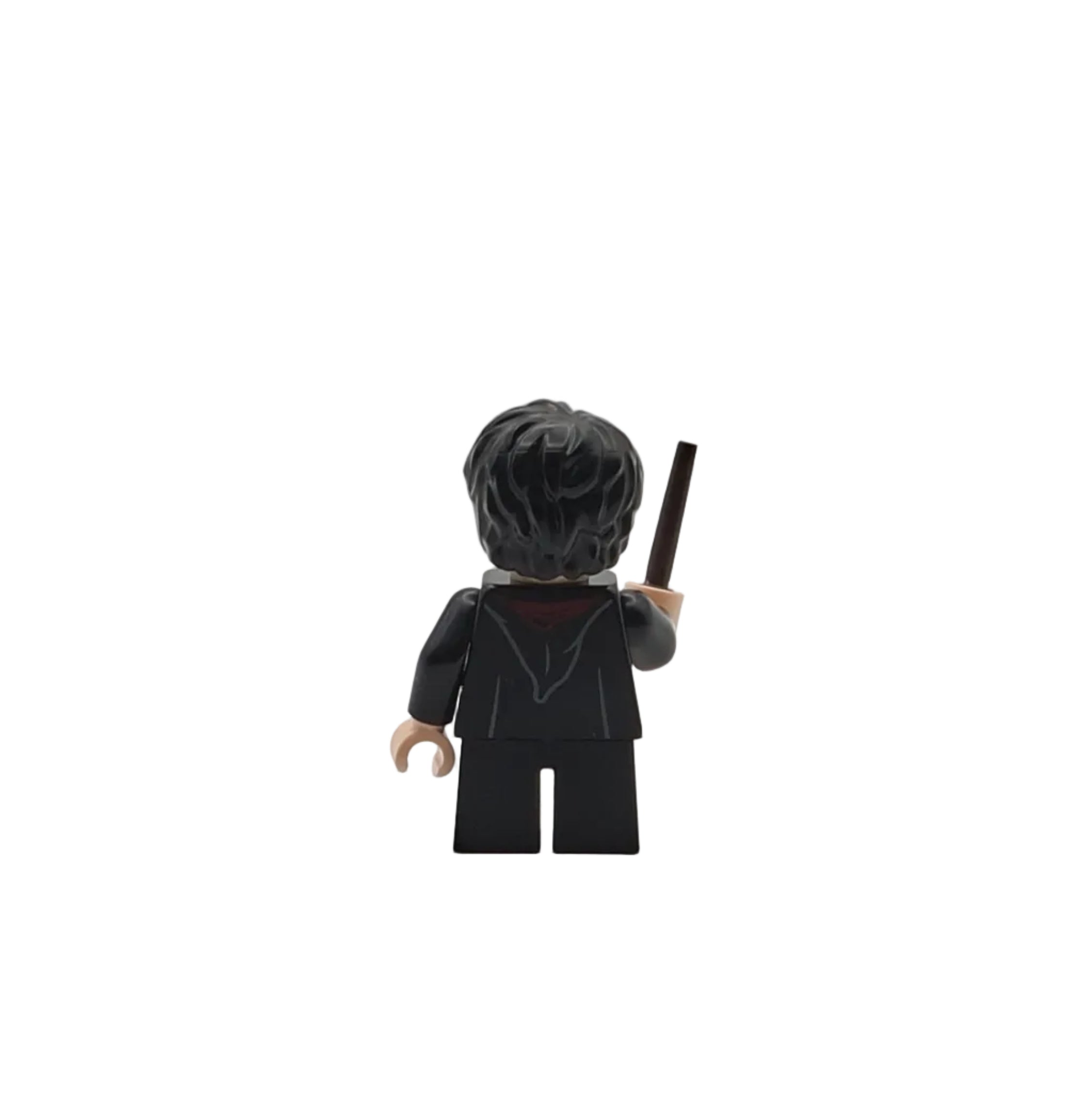 Black LEGO figure with helmet and staff on a white background