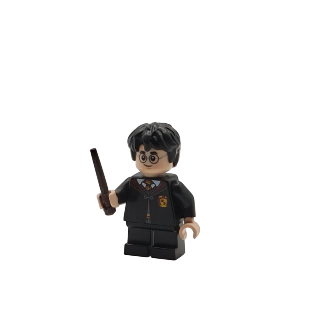 LEGO minifigure of a character in a black robe with a wand on a white background