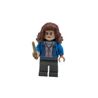 LEGO figure of a person with brown hair, wearing a blue jacket and holding a wand, on a white background