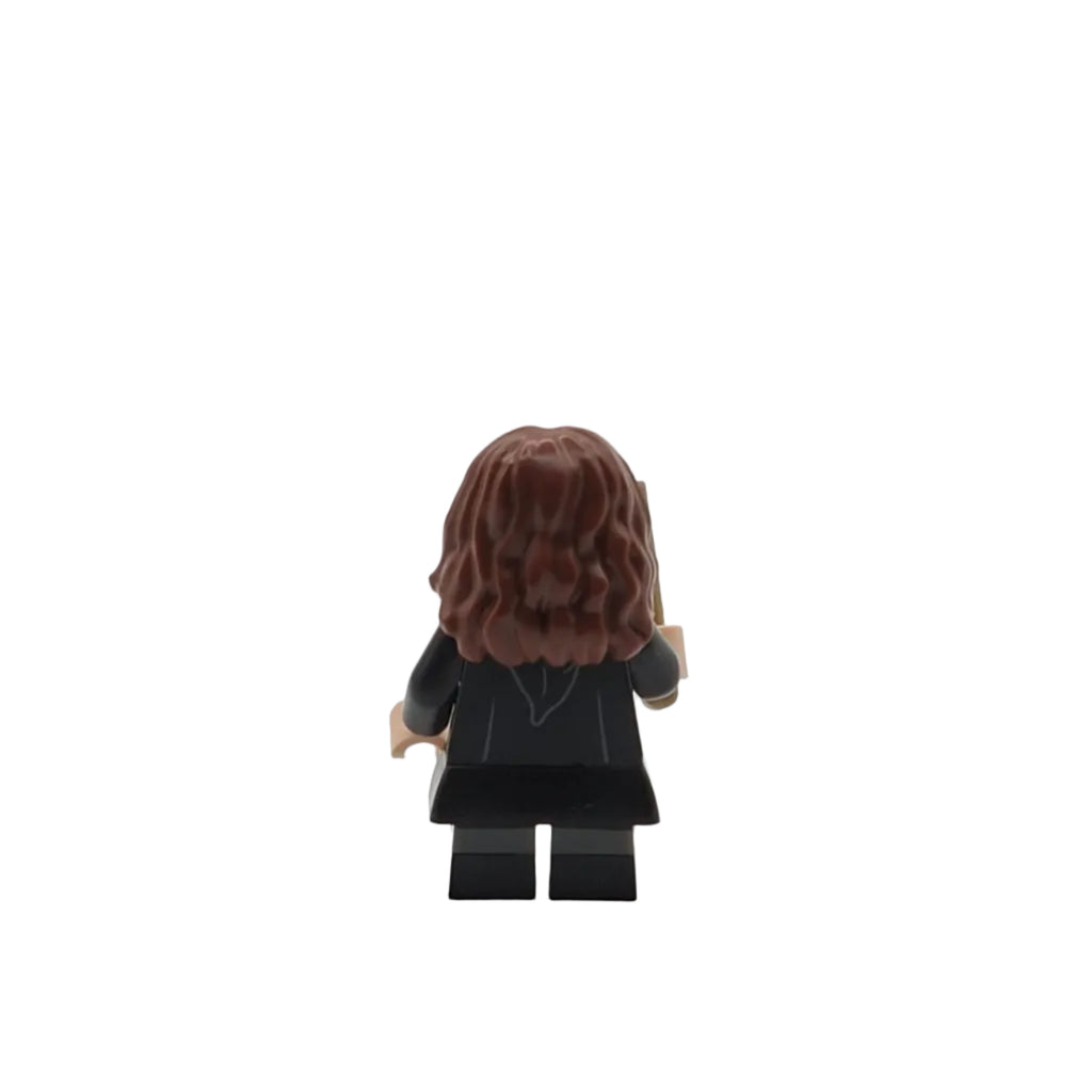 Back view of a LEGO figure with long brown hair on a white background