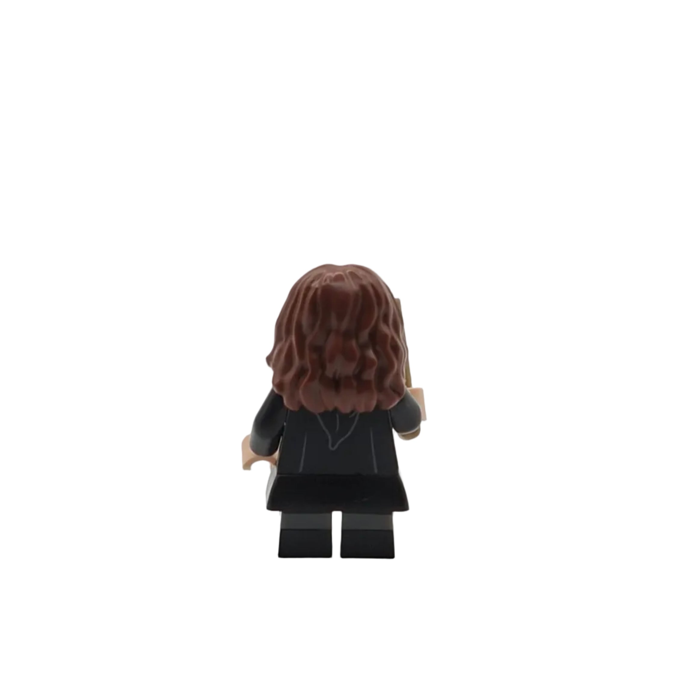 Back view of a LEGO figure with long brown hair on a white background