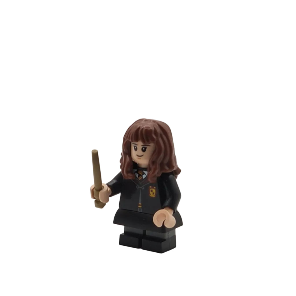 LEGO figure of a character in a dark outfit holding a wand on a light gray background