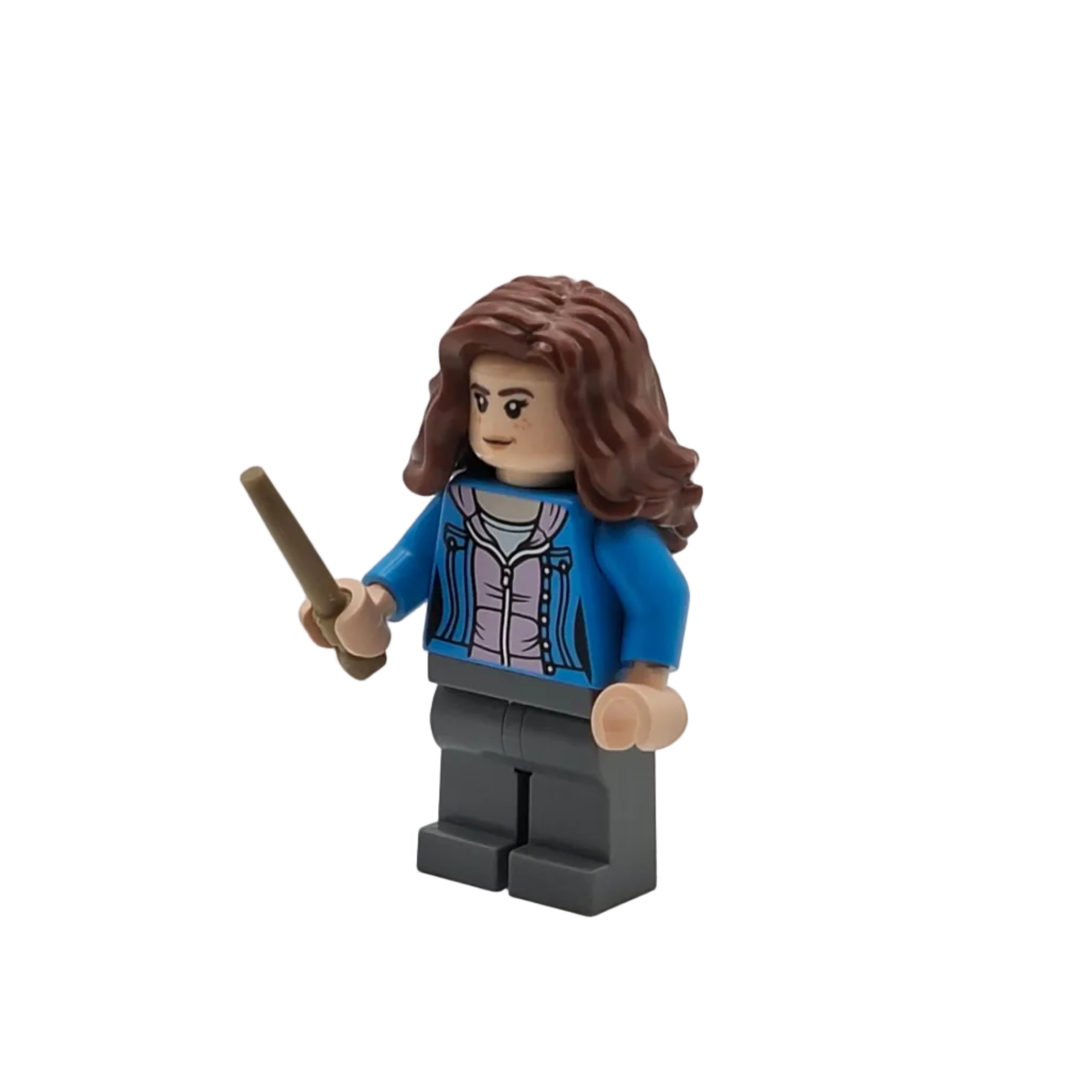 LEGO figure of a character with brown hair, wearing a blue jacket and holding a wand on a white background