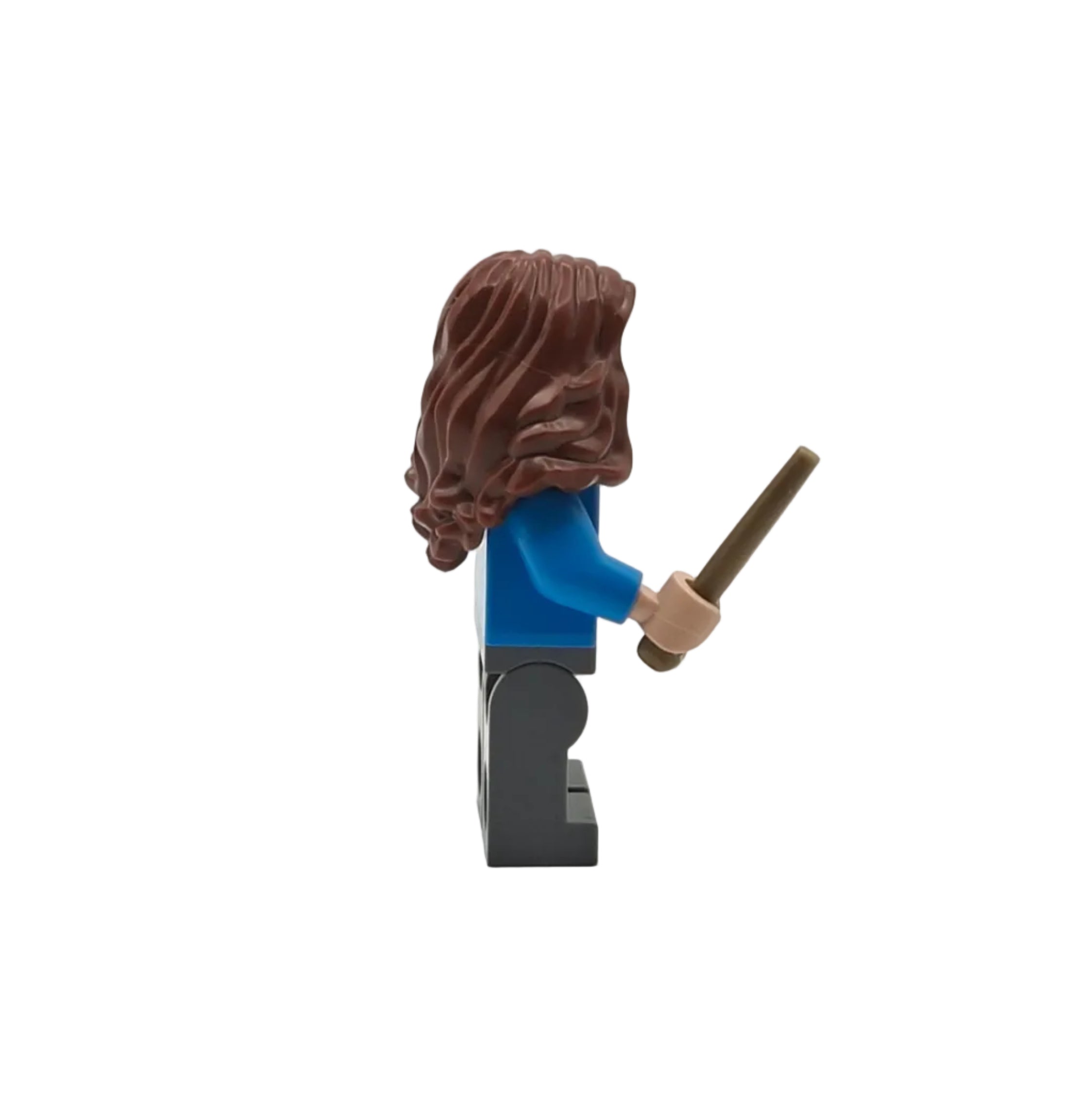 LEGO figure with brown hair and a blue shirt holding a brown rod on a white background