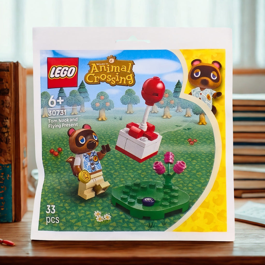 lego animal crossing recruitment bag with tom Nook with flying present set number 30731 33 pcs sitting on A desk