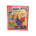 LEGO Marvel Avengers Captain Marvel blind bag sticker pack, featuring a Captain Marvel minifigure and a yellow star power icon on the front packaging.