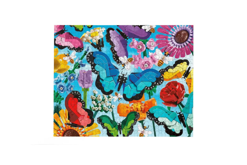 Colorful LEGO mosaic of butterflies and flowers on a blue background