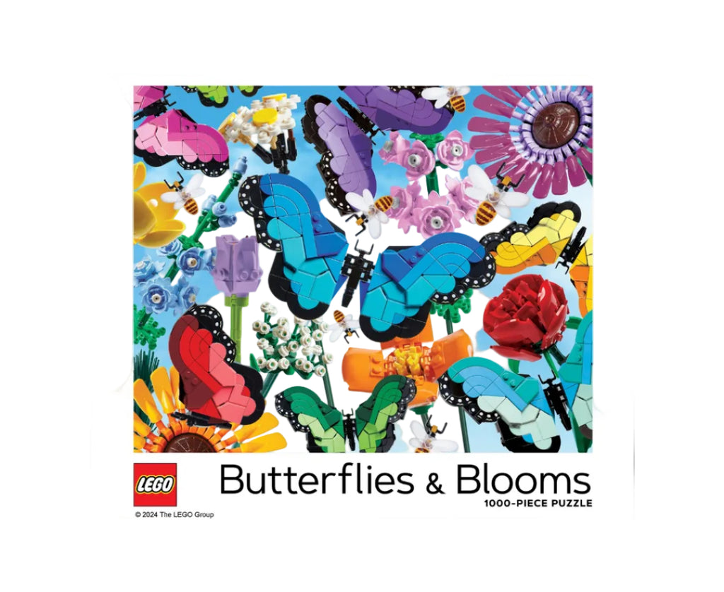 LEGO Butterflies & Blooms puzzle packaging with colorful butterflies and flowers on a blue background.